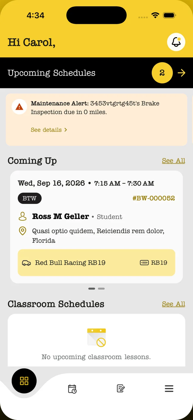 Instructor home screen with a maintenance alert and the next lesson
