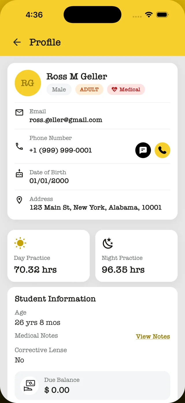 Student profile as seen by an instructor, with practice hours and medical notes