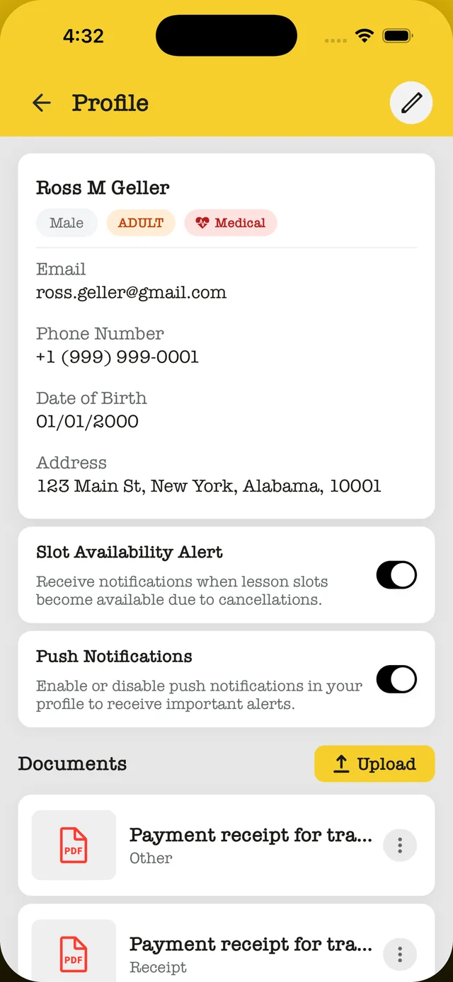 Student profile with slot availability alerts, notifications and documents